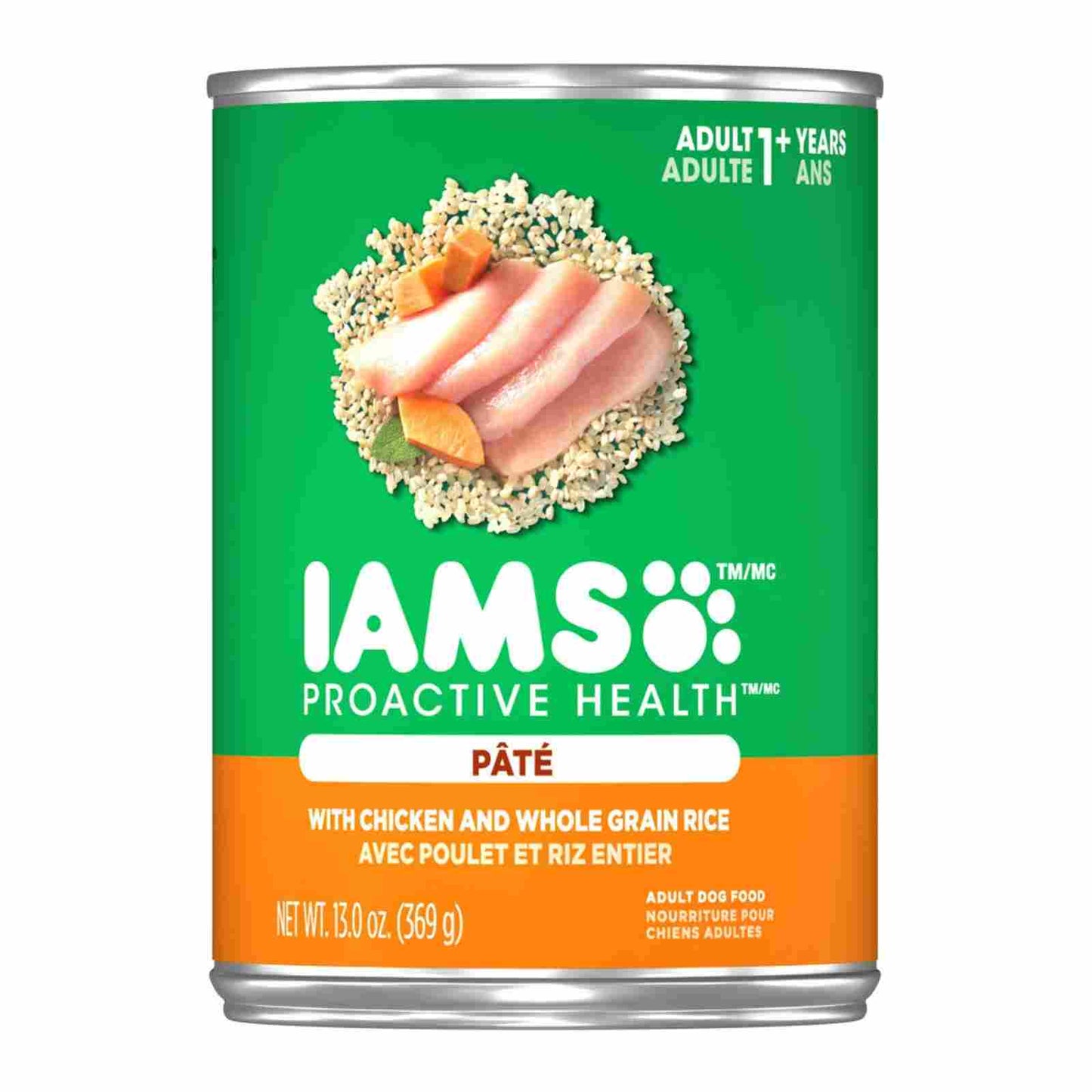 IAMS Proactive Health Páté can for adult dogs with chicken and whole grain rice on a green and orange background.