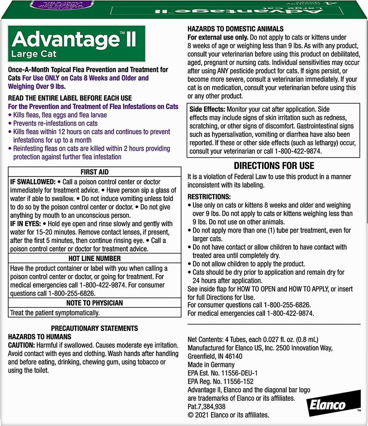 Advantage II Flea Protection Large Cat Over 9lbs 4pk