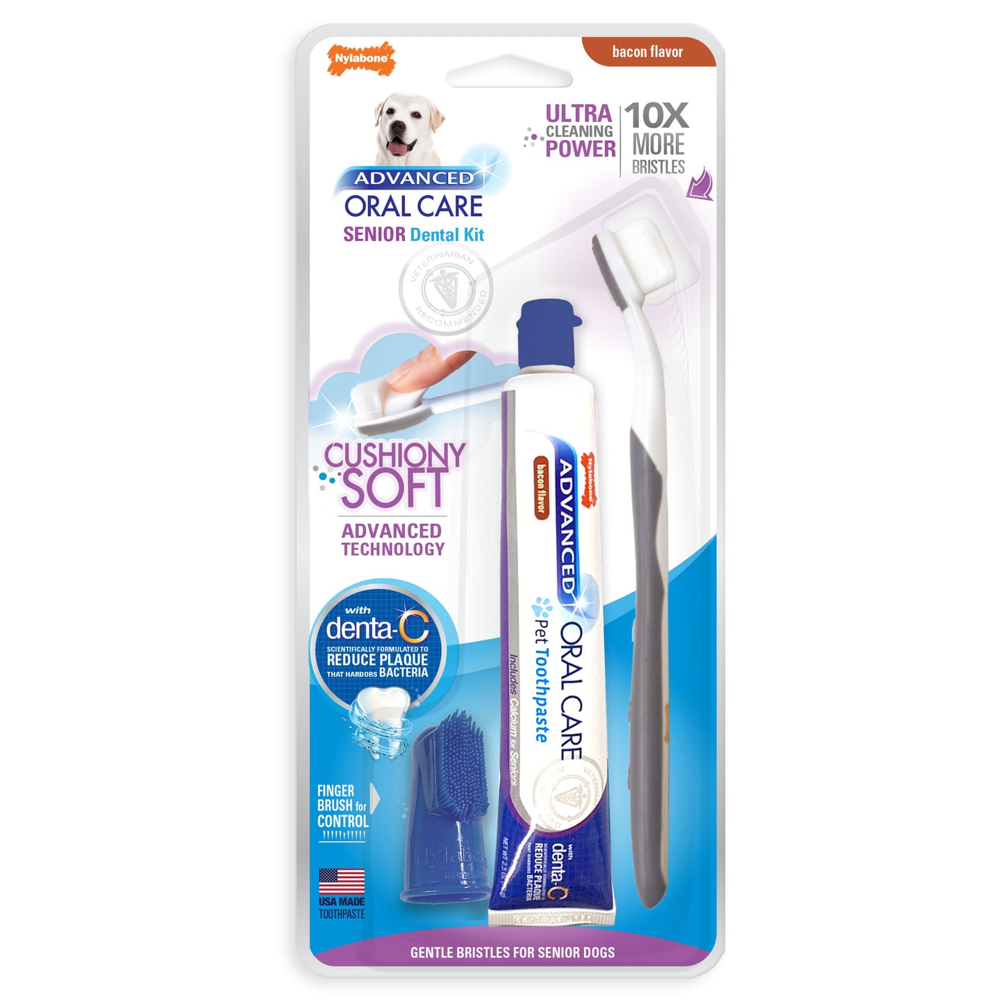 Nylabone Advanced Oral Care Senior Dog Dental Kit with Cushiony SoftBristle Toothbrush Bacon, 1ea/2.5 oz 3 ct
