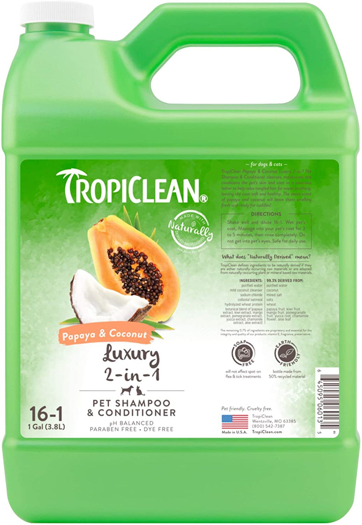 TropiClean Papaya & Coconut Luxury 2-in-1 Shampoo and Conditioner for Pets 1gal