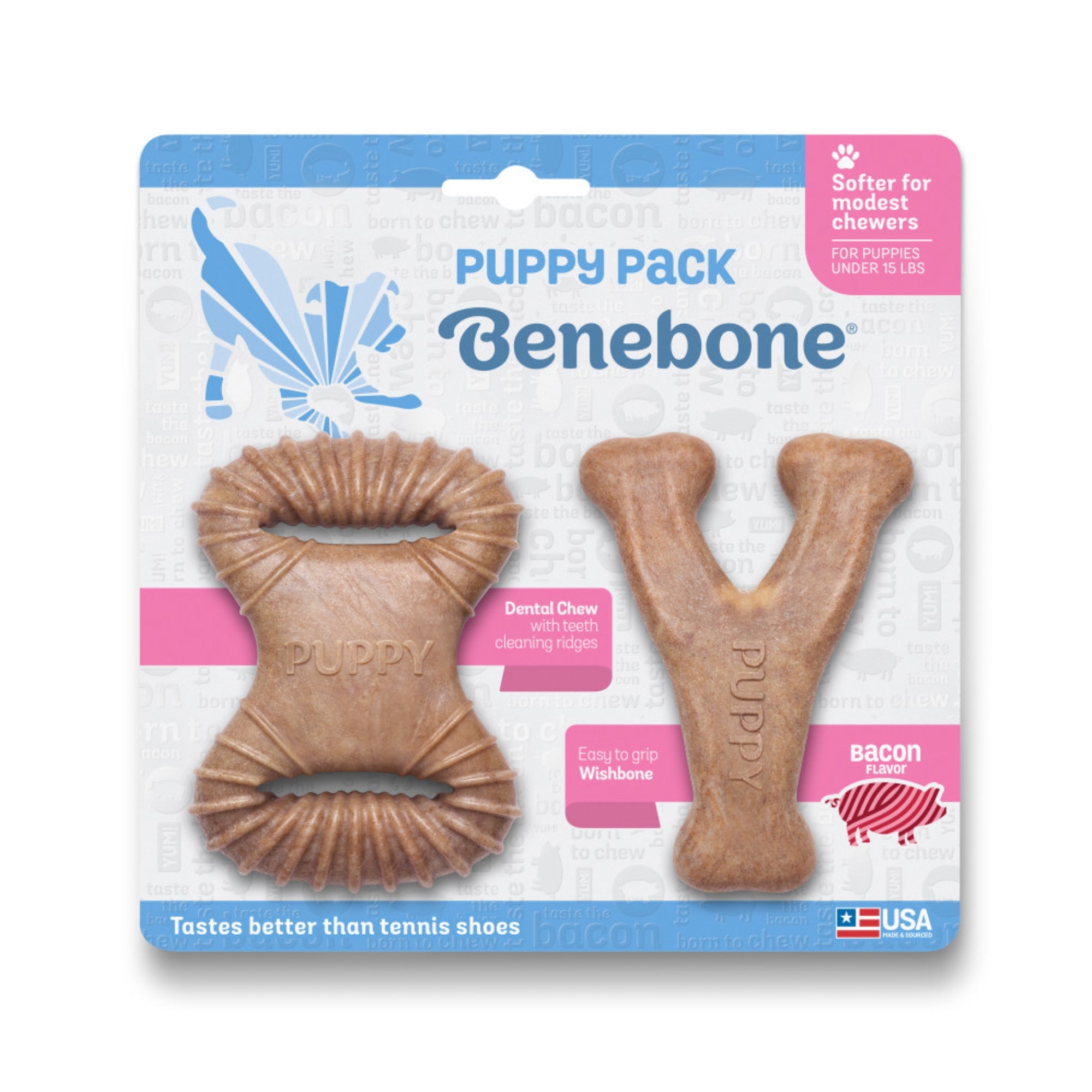 !Benebone Puppy Pack Dental Chew & Wishbone Dog Chew Toys Bacon, 1ea/XS|2 pk