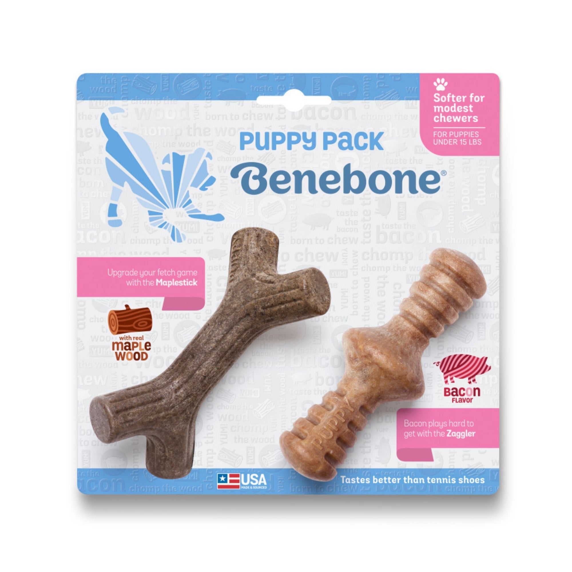 !Benebone Puppy Pack Stick & Zaggler Dog Chew Toy Maplewood & Bacon, 1ea/XS|2 pk