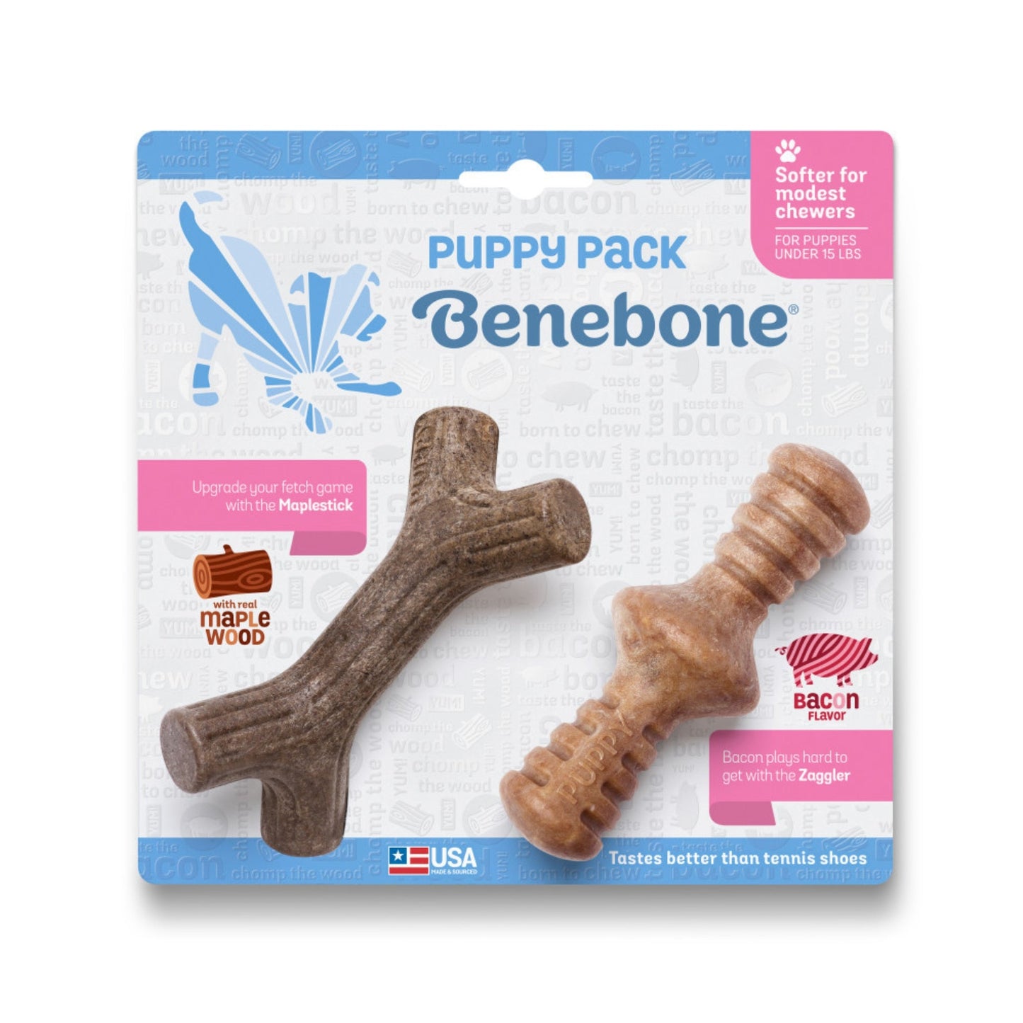 !Benebone Puppy Pack Stick & Zaggler Dog Chew Toy Maplewood & Bacon, 1ea/XS|2 pk