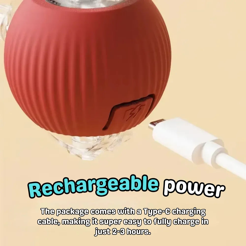 Red spherical device with a charging cable on a beige background, emphasizing rechargeable power.