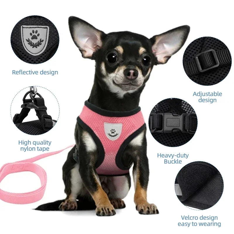 Breathable Mesh Pet Harness & Leash Set Adjustable Polyester Vest Harness with Collar Suitable for Cats Puppies Small Medium Dog