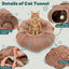 Cat sitting on a fluffy brown cat tunnel with features highlighted.
