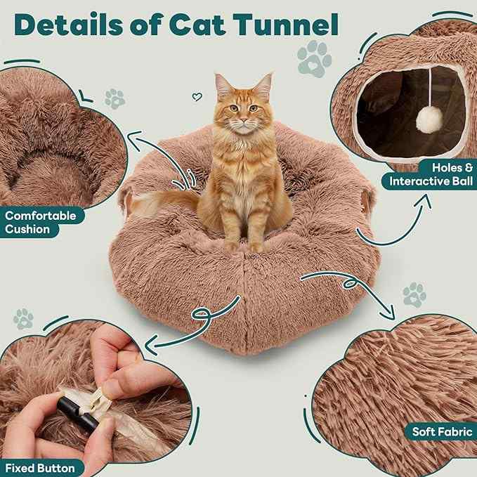 Cat sitting on a fluffy brown cat tunnel with features highlighted.