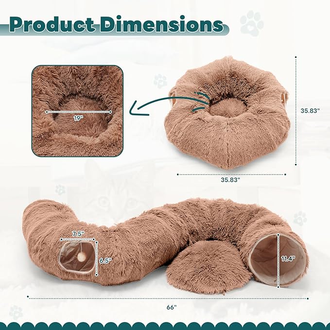 Measurement chart of a brown plush pet bed with dimensions labeled.