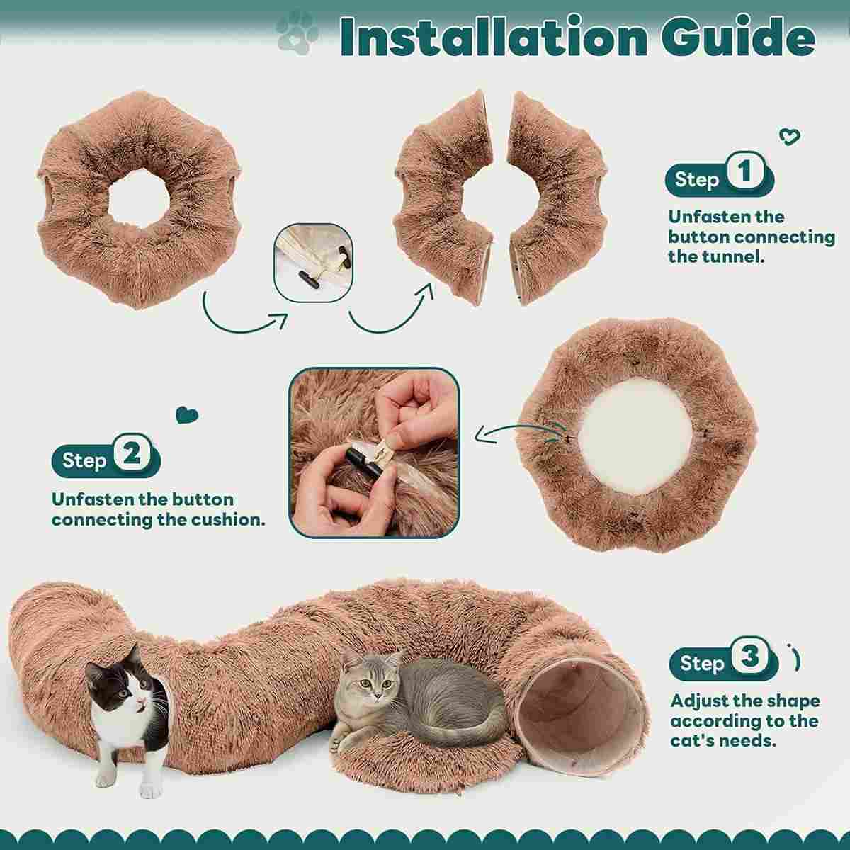Installation guide for a cat tunnel with step-by-step instructions and images of the product.