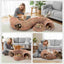 Collage of a woman with her cats using a plush pet tunnel in a living room.