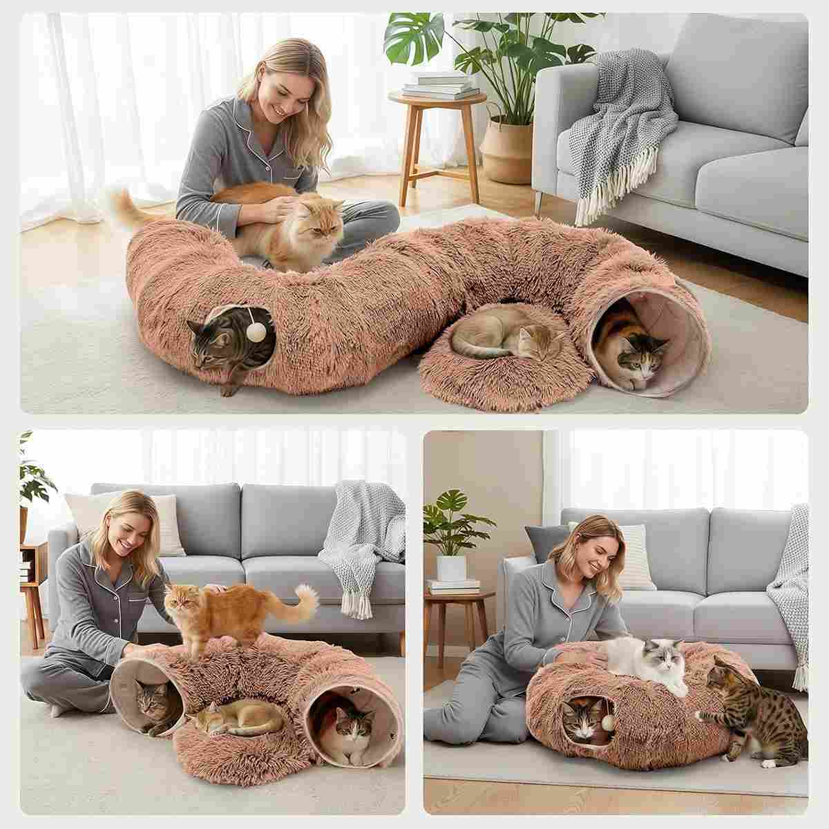 Collage of a woman with her cats using a plush pet tunnel in a living room.